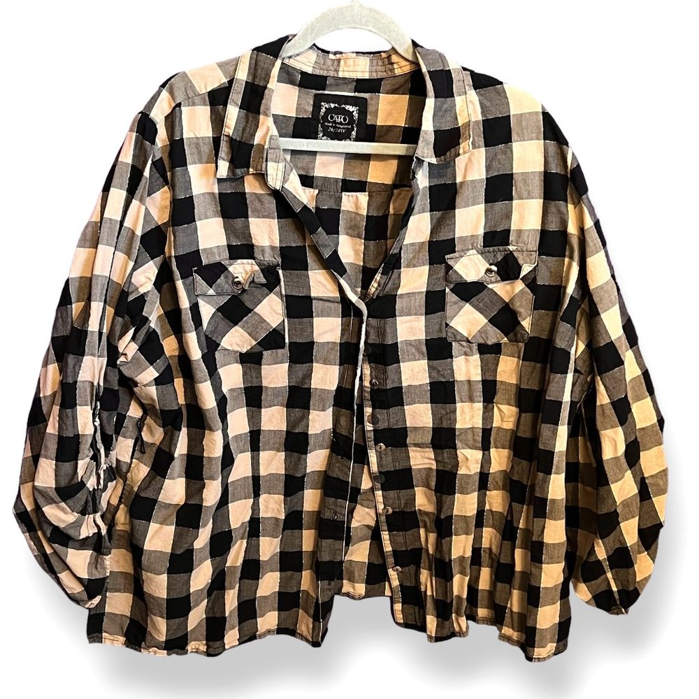 Cato Black Tan Silver Metallic Check Button Pointed Collar Top 26/28 Lightweight